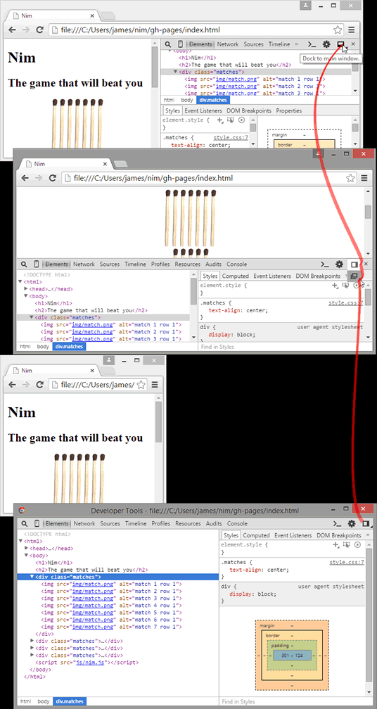 Choosing the position of the Development Tools panel